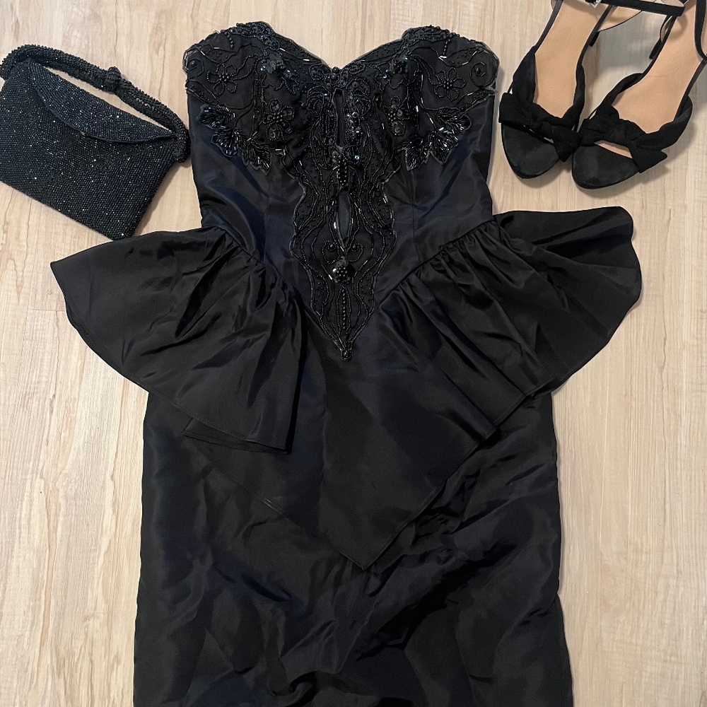 Vintage 80s David Howard Climax Karen Okada Dress Beaded Peplum